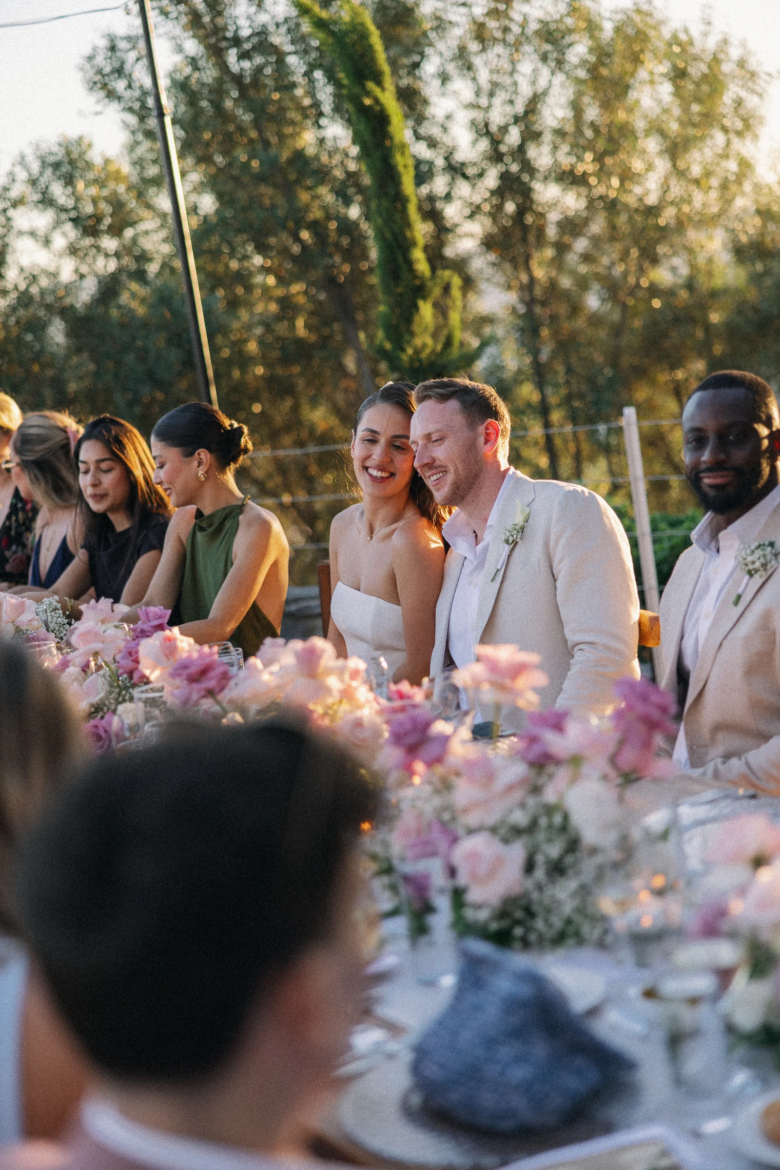 Dinner table with pink florals, The Marmara Bodrum wedding